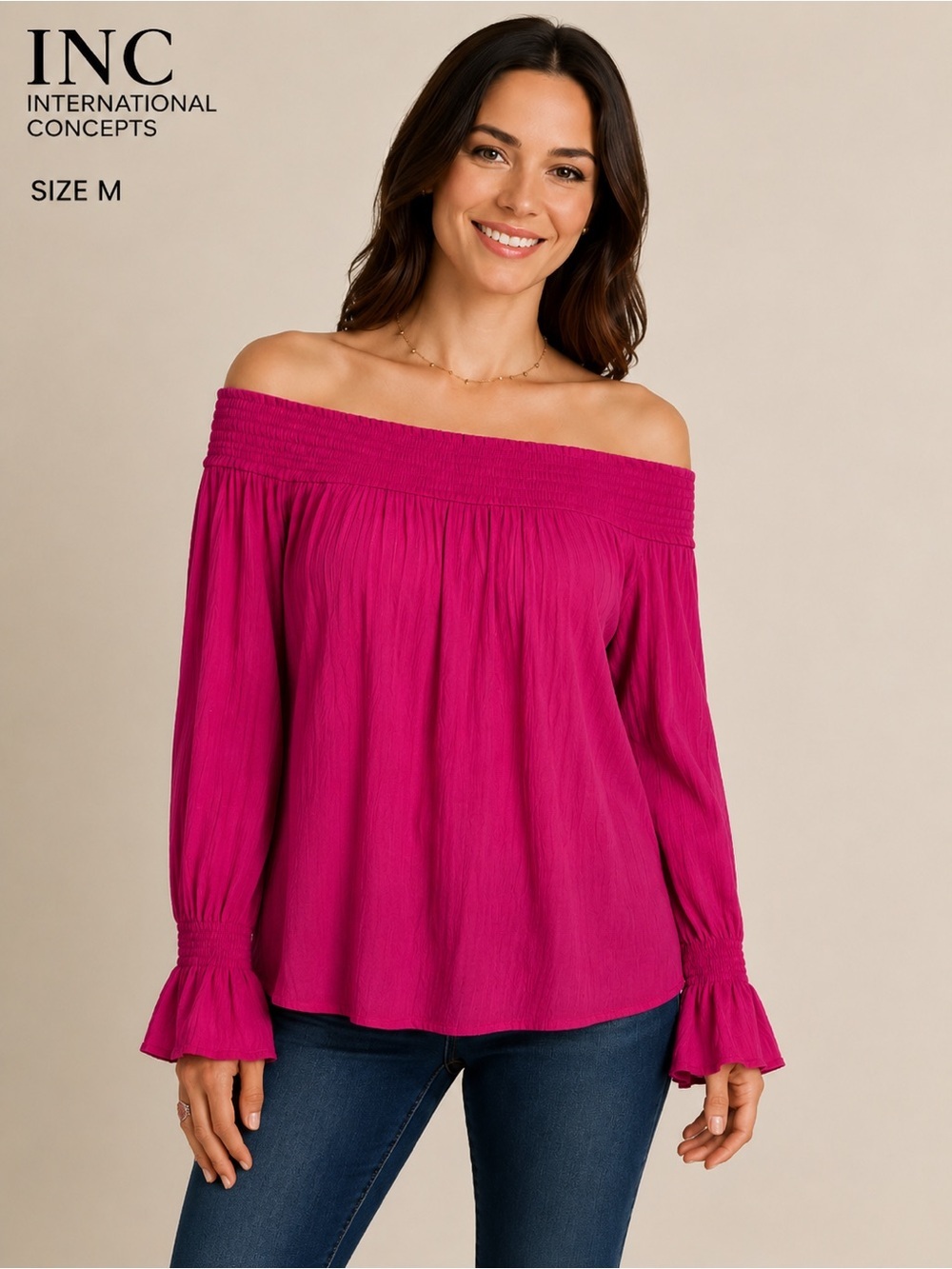 INC International Concepts Barbiecore Fuchsia Smocked Off Shoulder Bell Sleeve/M
